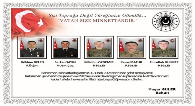 MSB, şehit askerlerin isimlerini açıkladı